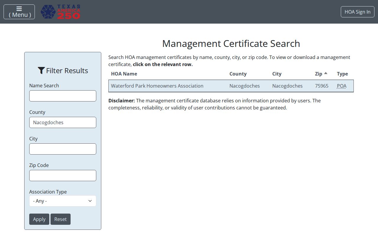 Nacogdoches neighbors association certificate search filtered for Nacogdoches County