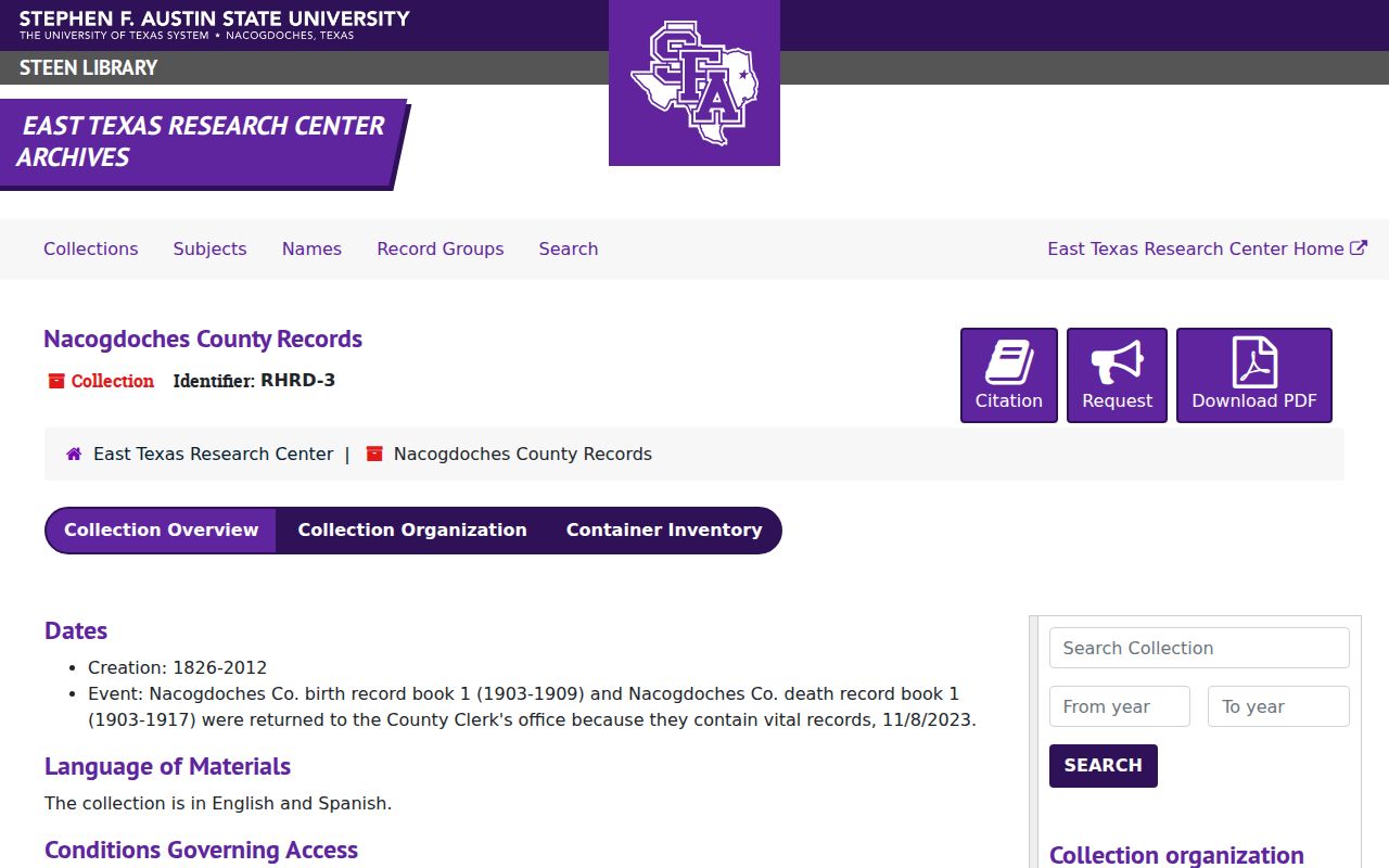 Nacogdoches previous residents ETRC County Records finding aid